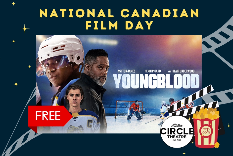 Poster for National Canadian Film Day featuring the movie "Youngblood." Includes hockey imagery, a "FREE" tag, and popcorn graphics for a festive feel.