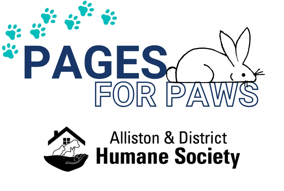 Graphic with teal paw prints and a bunny next to 'PAGES FOR PAWS' text. Below is the Alliston & District Humane Society logo in black