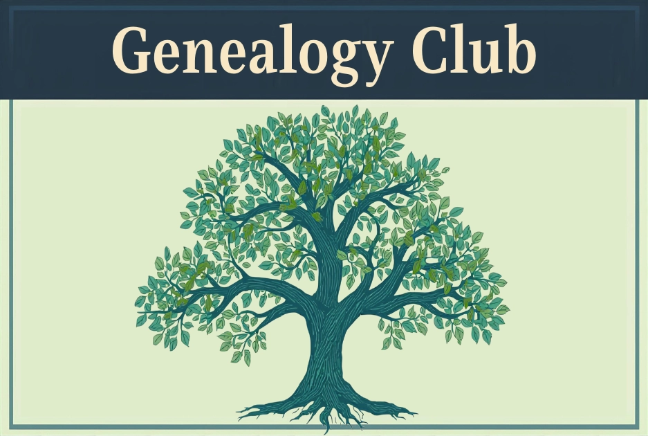 Image of a green oak tree with text "Genealogy Club" above it.