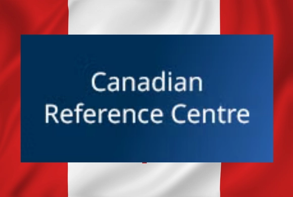 Canadian flag background image with blue box centered on image, containing the text: "Canadian Reference Centre"