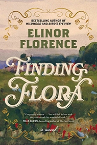 Book cover of "Finding Flora" by Elinor Florence. It features an elegant script over a watercolor landscape with flowers, fields, and a cloudy sky.