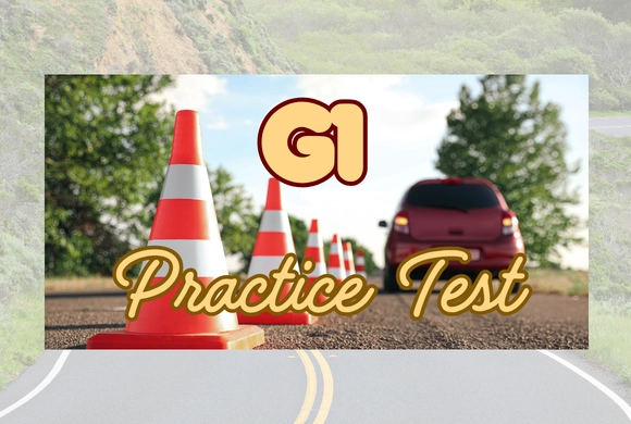 Orange traffic cones line a road with a red car in the distance. Text reads "G1 Practice Test" in bold letters, conveying a driving test theme.