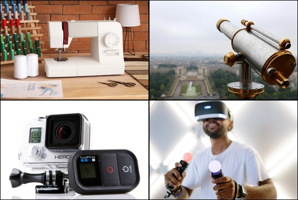 Screen split into 4 photos. Upper left corner is a sewing machine. Upper right is a telescope. Lower left is a group of GoPro cameras, lower right is a man using a VR headset.