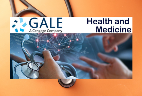 Health and Medicine theme with stethoscope and brain graphic. Gale logo displayed above medical imagery on an orange background, conveying innovation."