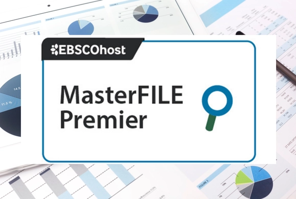 Photo of charts and graphs, overlaid in centre with white box containing the logo for EBSCOhost's MasterFILE Premier