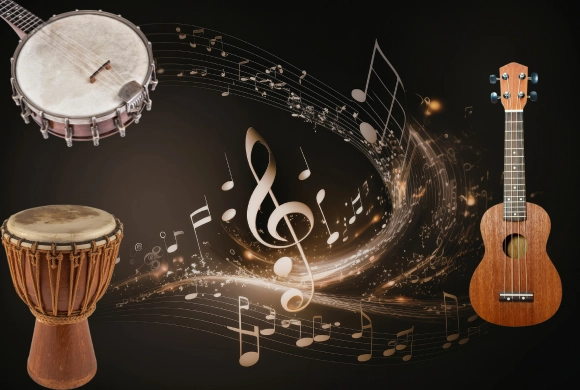 Musical notes background with banjo ukulele in upper left corner, bongo drums in lower left corner and a regular ukulele centered on the right side of the graphic.