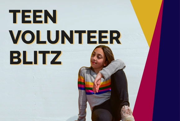 Teen smiling against a light background, wearing a gray sweater with colorful stripes. Text reads "Teen Volunteer Blitz." Bright geometric shapes on the right.