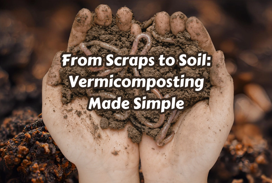 Hands cupping soil filled with worms, illustrating vermicomposting. Text overlay reads 